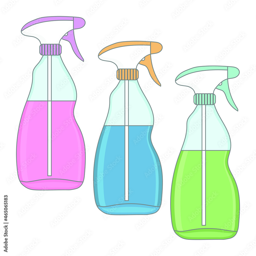Disinfection with cleaning spray. Color set Disinfection with cleaning spray. Color set