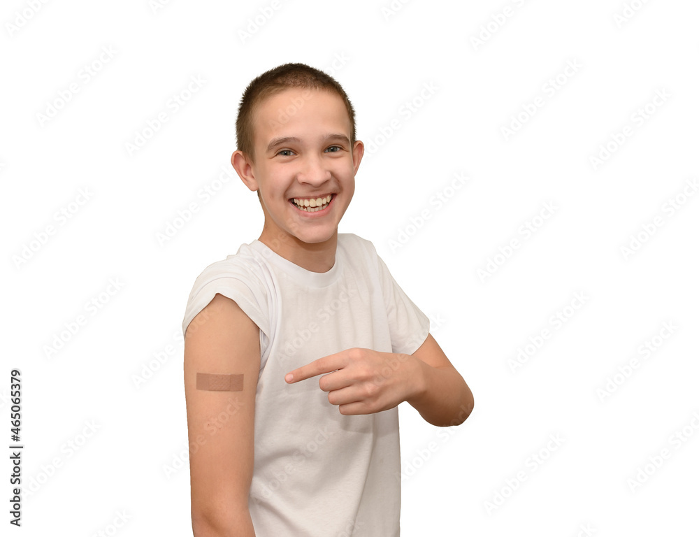 A teenager in a white T-shirt vaccinated against the virus and illness. On white background. A teenager in a white T-shirt vaccinated against the virus and illness. On white background.