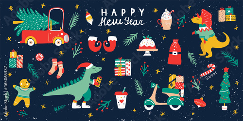 Christmas set on a dark background. Calligraphy, car, christmas tree, dinosaur, scooter, mistletoe, gift box, snow globe. Childish New Year holiday decoration elements. Hand drawn vector illustration.