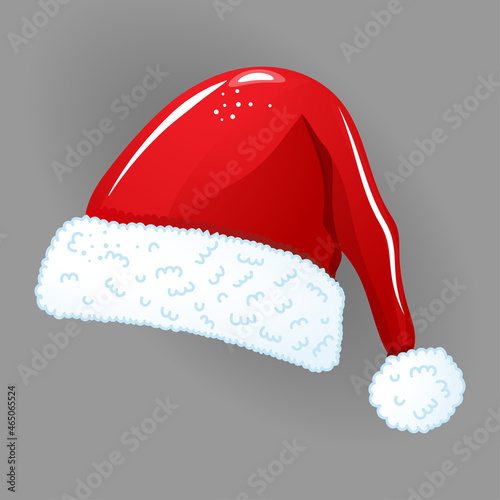 Santa Claus hat - isolated on gray background. Christmas red hats icon. Santa Claus costume vector illustration. New Year photography portrait element.