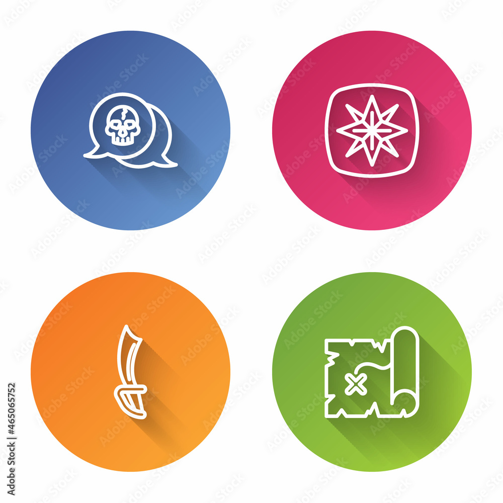 Set line Skull, Wind rose, Pirate sword and treasure map. Color circle button. Vector
