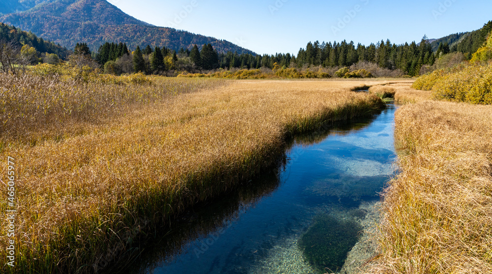 landscape view of the Zelenci Nature Reserve in northern Slovenia with Triglav National Park in the background