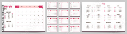 2022 Calendar template design. Week starts on Sunday pink office calendar for businesswoman. Desktop planner in simple clean style. Corporate or business calendar. English vector calendar layout.

