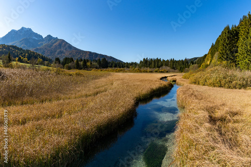 landscape view of the Zelenci Nature Reserve in northern Slovenia with Triglav National Park in the background