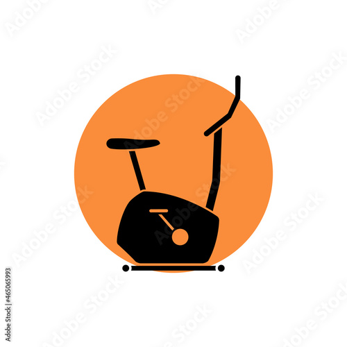 Stationary bike icon in circle, sport and equipment, exercise bicycle sign. Black silhouette. Vector illustration and clipart on a white background.