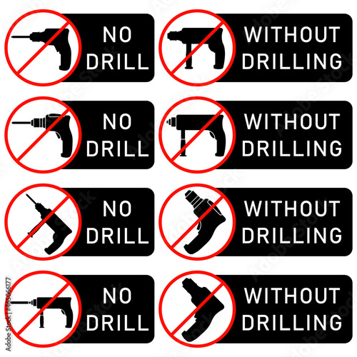 No drill and without drilling icon with power drill symbol. Crossed out and prohibition sign vector clipart. Design template for website elements, tag, sticker and other use.