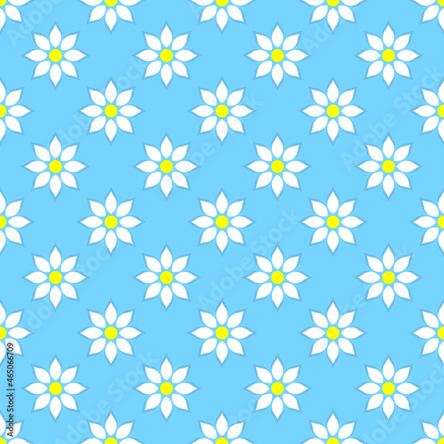 Beautiful white flowers isolated on a light blue background. Cute floral seamless pattern. Vector simple flat graphic illustration. Texture.