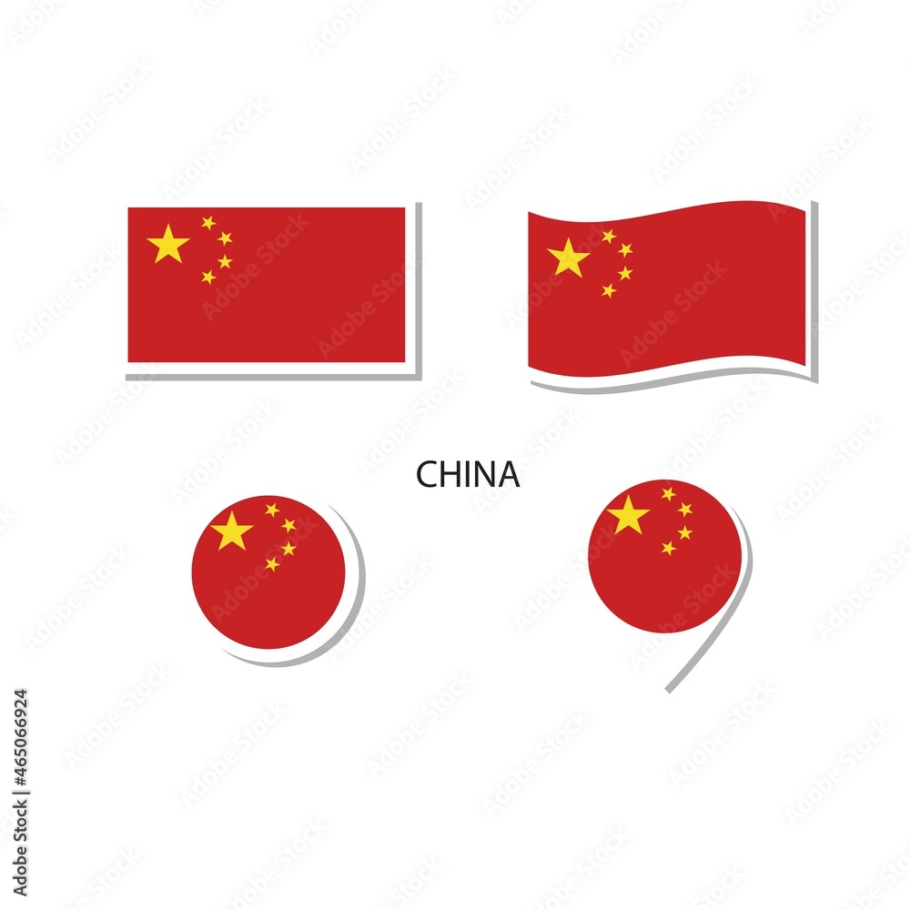 China flag logo icon set, rectangle flat icons, circular shape, marker with flags.
