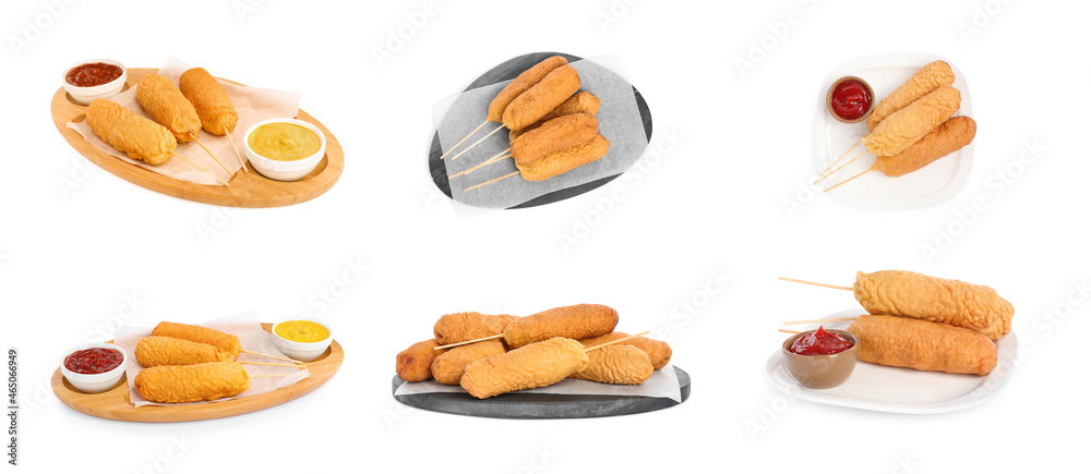 Set with delicious deep fried corn dogs on white background. Banner design Set with delicious deep fried corn dogs on white background. Banner design