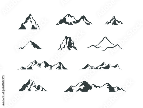 Vector mountains  icons set isolated on white background  mountains shapes  different hills  ranges and tops.