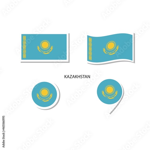 Kazakhstan flag logo icon set, rectangle flat icons, circular shape, marker with flags.