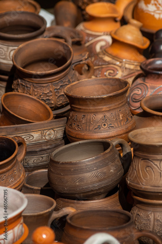 Traditional homemade ceramic pots on traditional crafts fair © Oleh Marchak