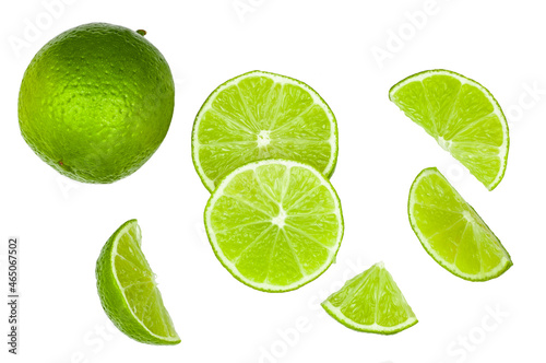 Lime and slices isolated on a white background, top view