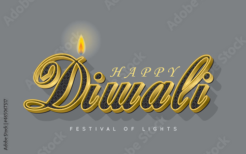 3D realistic Diwali typographic with flame in gold and black color. Modern trendy Deepavali - Festival of Lights celebration greeting text. Golden lettering. Flat design. vector illustration.