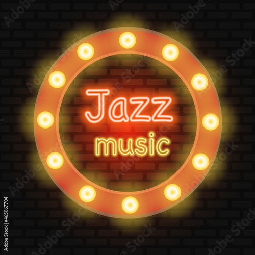 Jazz music Neon Vector. Neon sign, Logo, Brilliant Banner, Bright Night Advertising for your projects on Jazz Music. Live music