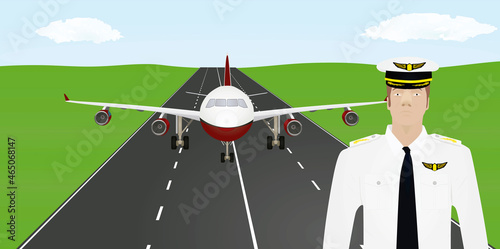 Captain in front of airplane. vector