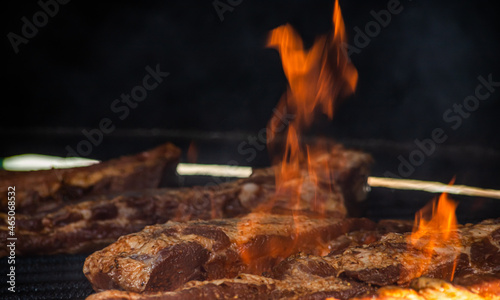 The pork ribs grilling with bbq glaze street food