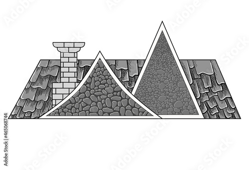 A roof with tiles and pebbles and a brick chimney are drawn. The drawing is drawn in gray, black and white. Stock vector illustration isolated on a white background.