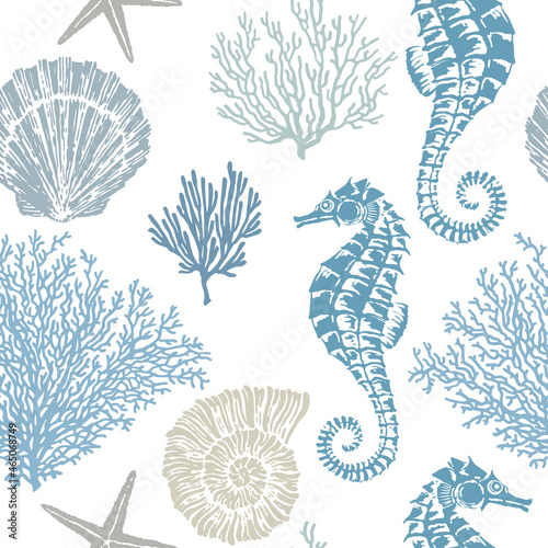 Marine vector hand drawn pattern with sea shells, stars, seahorse and coral. Highly detailed. Perfect for textiles, wallpaper and prints.