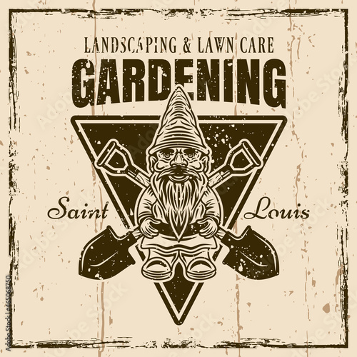 Gardening, landscaping and lawn care vector vintage emblem, badge, label or logo with gnome statuette and crossed shovels. Illustration on background with grunge textures and frame vector illustration