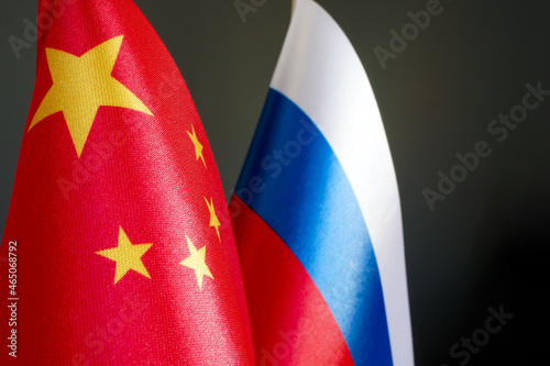 Flags of China and Russia. Relationships between countries.