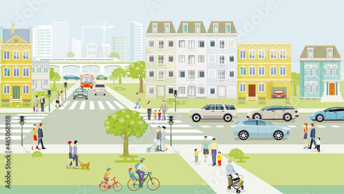 Stadtsilhouette mit Fußgänger auf dem Zebrastreifen und öffentlicher verkehr iund Menschen auf dem Bürgersteig, Illustration
