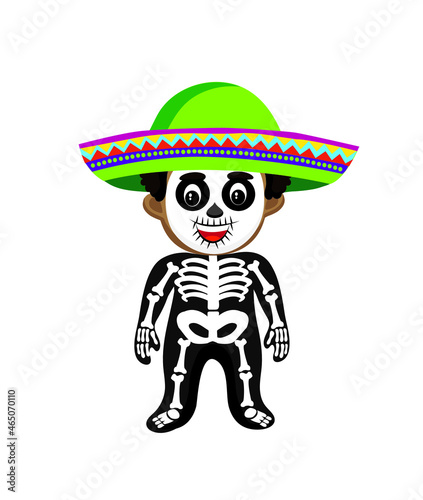 Cute cartoon style illustration of a child wearing a skeleton costume and a Mexican sombrero