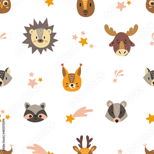 Fototapeta Naklejka Na Ścianę i Meble -  Cute animals, baby seamless hand drawn pattern. Digital paper depicting deer, elk, wolf, squirrel, badger, beaver, owl and raccoon. Vector illustration.