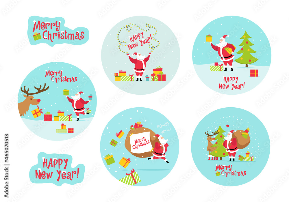 Set of Christmas round stickers with Santa, gifts, deer. Happy New Year! Merry Christmas! Vector flat illustration