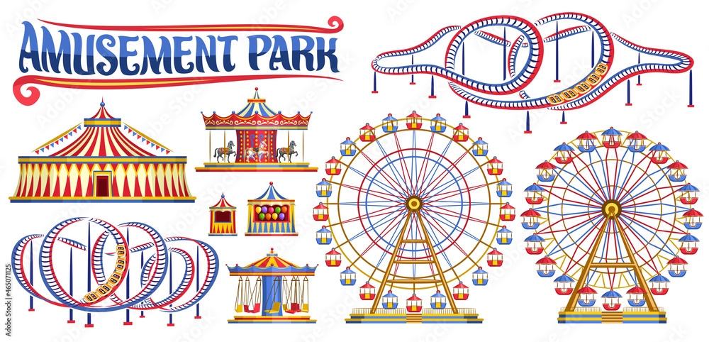 Vector set for Amusement Park, lot collection of cut out illustrations variety carousels, extreme different roller coasters, various giant ferris wheels and vintage circus big top on white background.