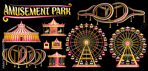 Vászonkép Vector set for Amusement Park, lot collection of cut out illustrations variety carousels, extreme different roller coasters, various giant ferris wheels and vintage circus big top on dark background