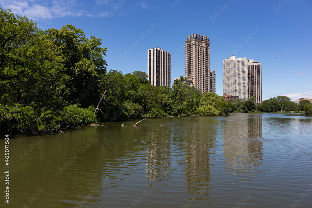 North Pond in Lincoln Park Chicago with Reflections of Skyscrapers during the Summer