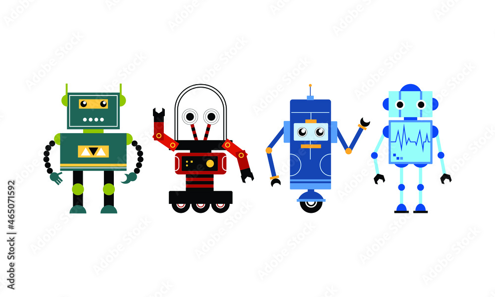 set of vector illustrations of colorful robots. drawing robots on white background in various types. collection of futuristic element design.