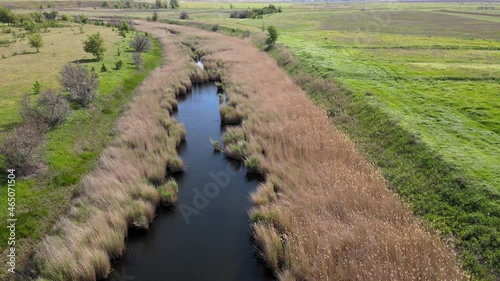 Aerial drone flight along a glossy river with sky reflections, Russia, There are reeds growing on the shore along the water
