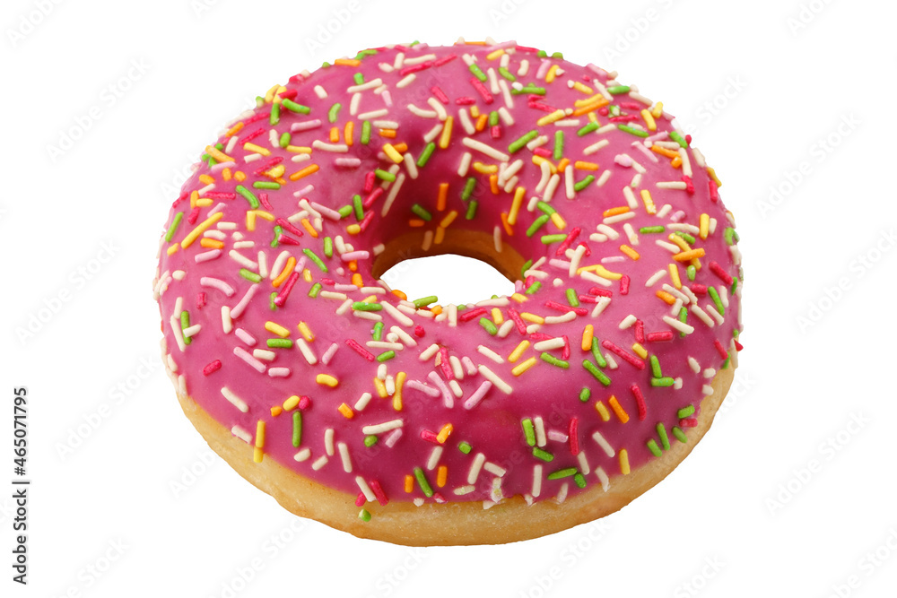 Strawberry donut with pink glaze isolated over white background top view. Strawberry donut with pink glaze isolated over white background top view.