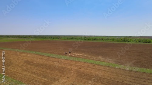 Horse racing competition, people sitting on top. Aerial view from above.