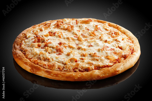 peasant pizza with chicken and bacon side view.