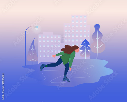 girl skating on the background of the evening city, winter, vector illustration