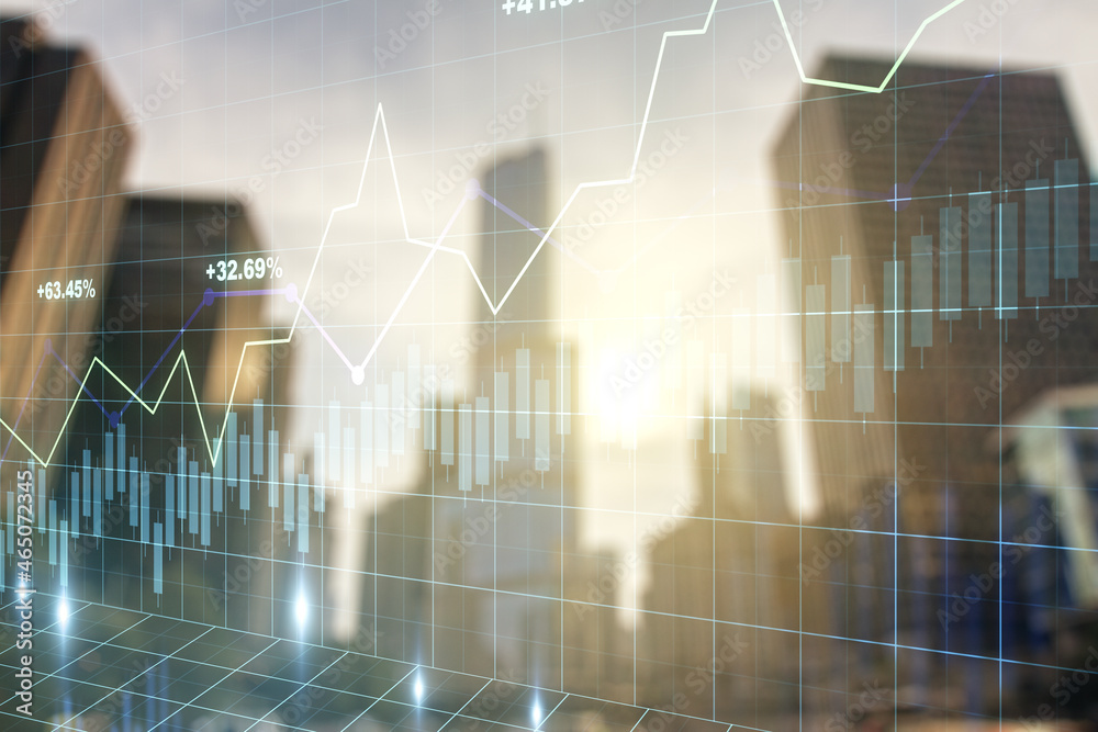 Double exposure of abstract financial chart on office buildings background, research and analytics concept Double exposure of abstract financial chart on office buildings background, research and analytics concept