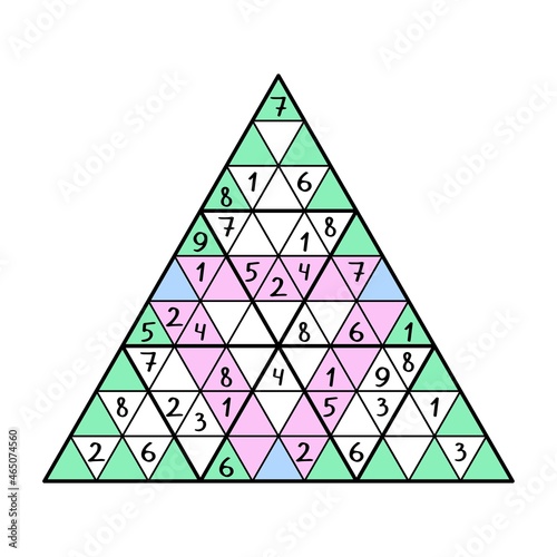 Big triangular sudoku printable page vector illustration. Colorful number puzzle for beginners and children isolated on white background. Unusual big triangular sudoku place 1-9 numbers vector
