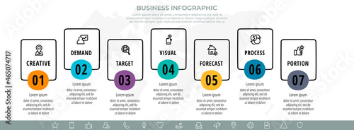 Hand-drawn vector line infographics with 7 rectangles and icons. Flat chart process template with seven steps. Modern timeline for business project, presentation, web, diagram, content