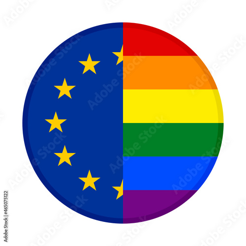round icon with european union and rainbow flags, isolated on white background. vector illustration