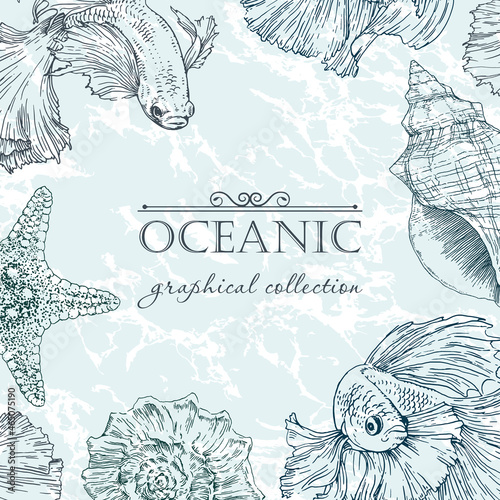 Decorative vector frame with fish, seashells and starfish. Perfect for cards, invitations and photo design.