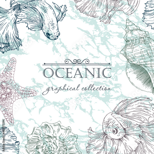 Decorative vector frame with fish, seashells and starfish. Perfect for cards, invitations and photo design.