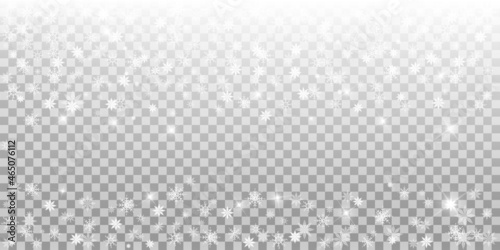 Vector. Snow covered window frame. Snow frame. Frozen window. Ice glass frozen window. Christmas and New Year winter background made of crystals, snowflakes. Transparency.