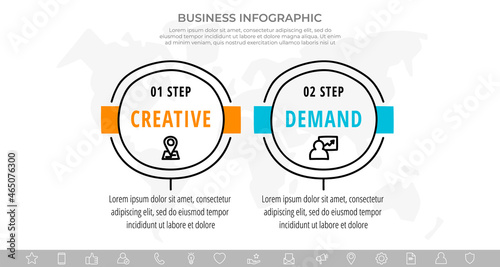 Vector minimal line infographics with circles. Hand-drawn business timeline 2 steps by step. Flat template with two ways for chart, diagram, flowchart, app