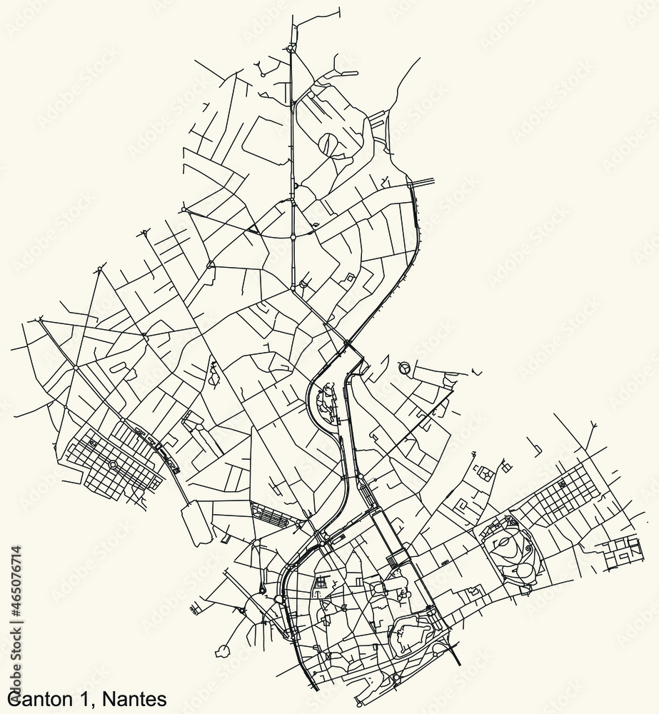 Detailed navigation urban street roads map on vintage beige background of the quarter Canton-1 district of the French capital city of Nantes, France