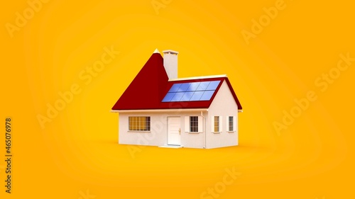 Maison bourgeoise avec panneaux solaires sur fond jaune - Rendu 3D photo