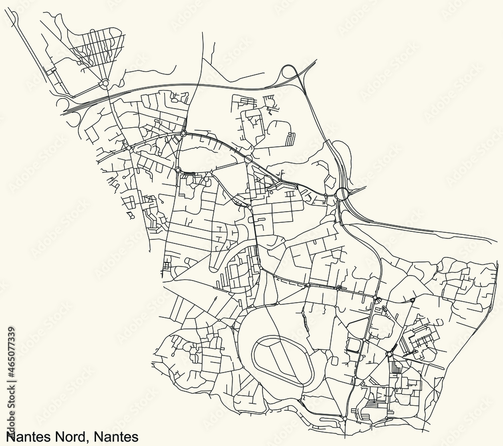 Detailed navigation urban street roads map on vintage beige background of the Quartier Nantes Nord district of the French capital city of Nantes, France