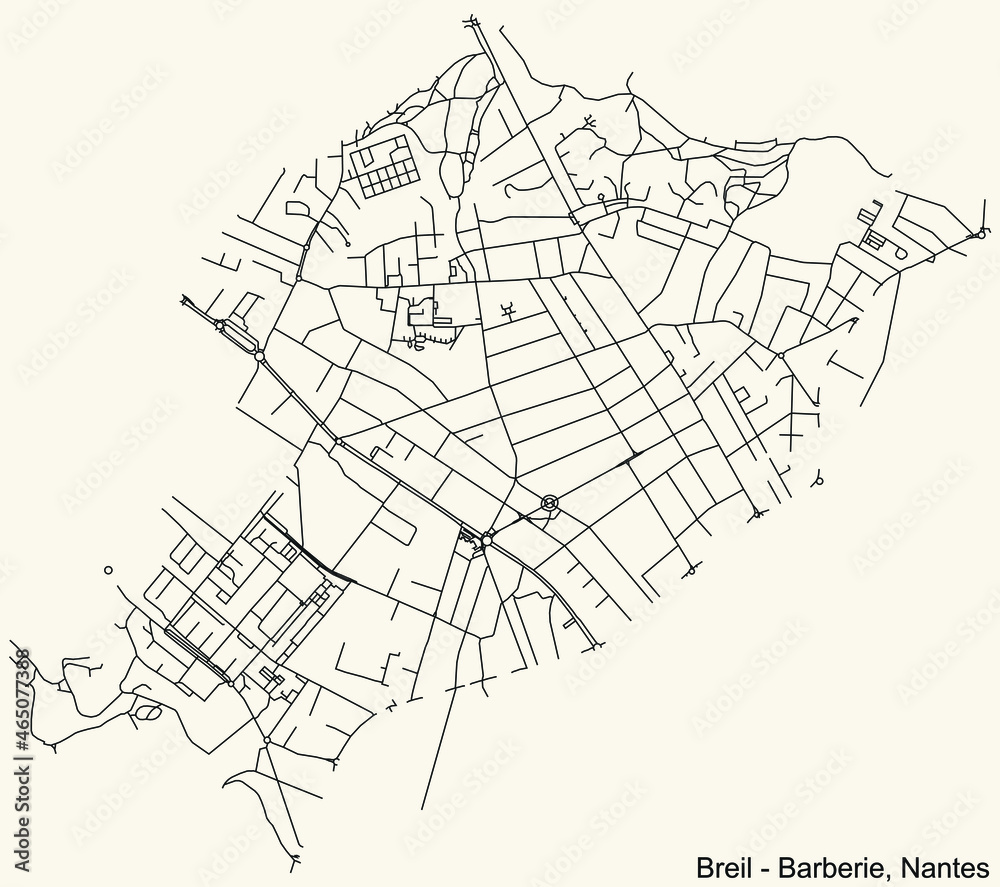 Detailed navigation urban street roads map on vintage beige background of the quarter Quartier Breil - Barberie district of the French capital city of Nantes, France
